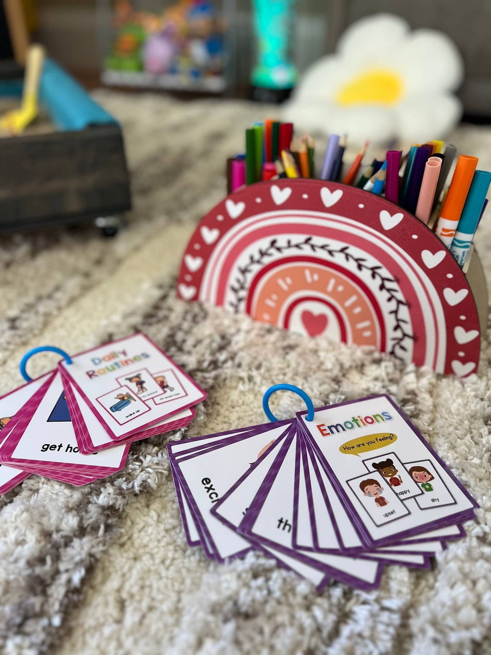 Emotion flash cards and a rainbow pencil holder