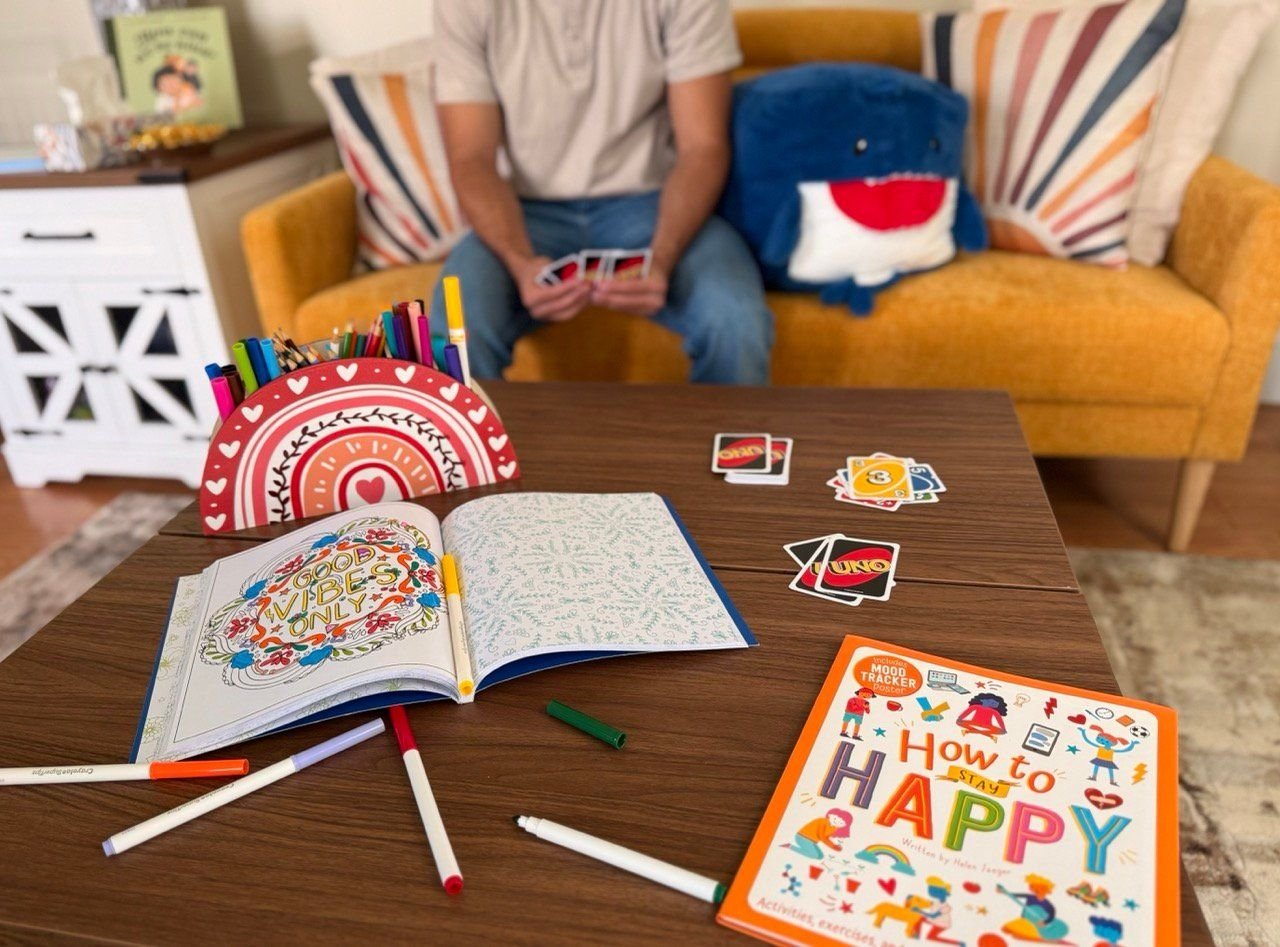 A colouring activity and card game during a session
